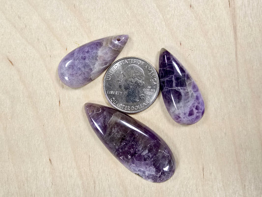 Amethyst Tear Drop Pendant 3 Pieces Polished Smooth with Hole for DIY Jewelry & Necklace