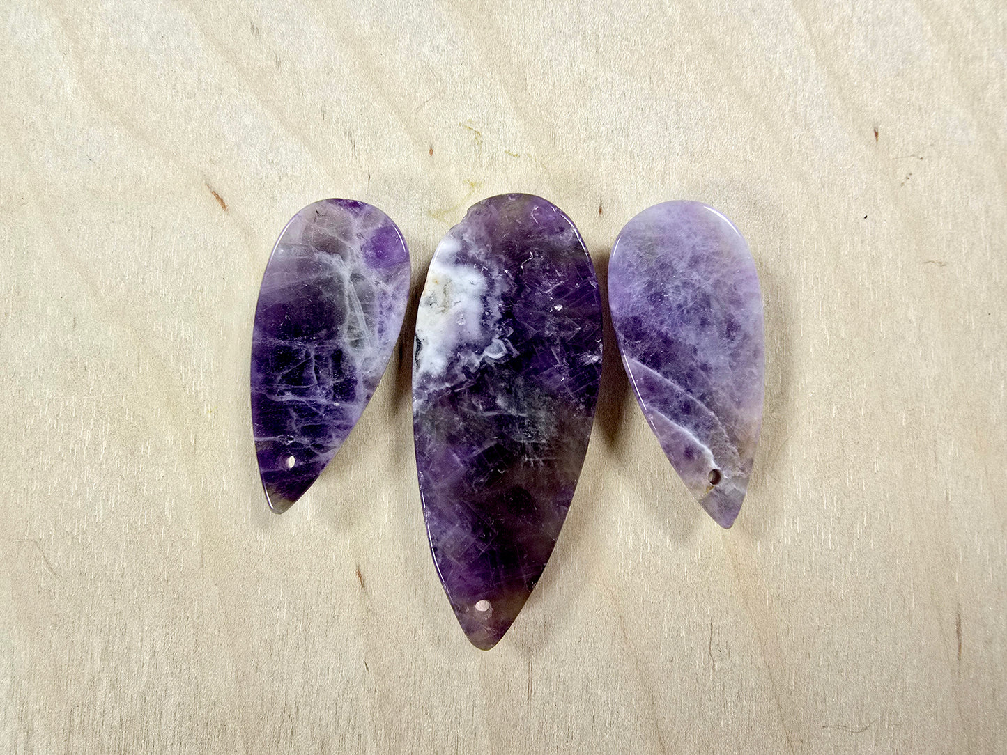 Amethyst Tear Drop Pendant 3 Pieces Polished Smooth with Hole for DIY Jewelry & Necklace