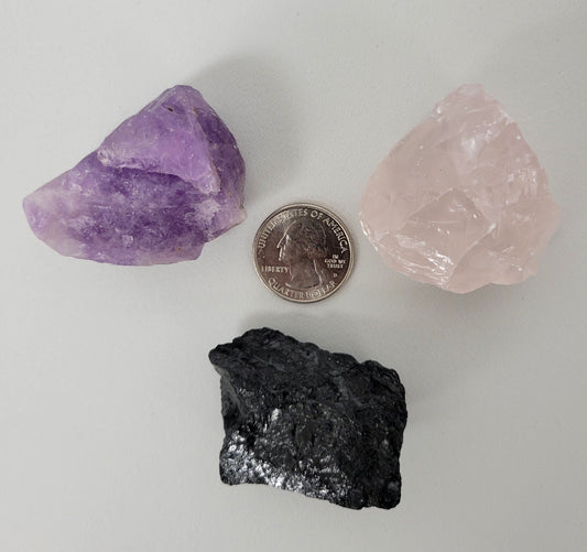 Amethyst, Tourmaline, Rose Quartz - Healing Crystals Trio Set
