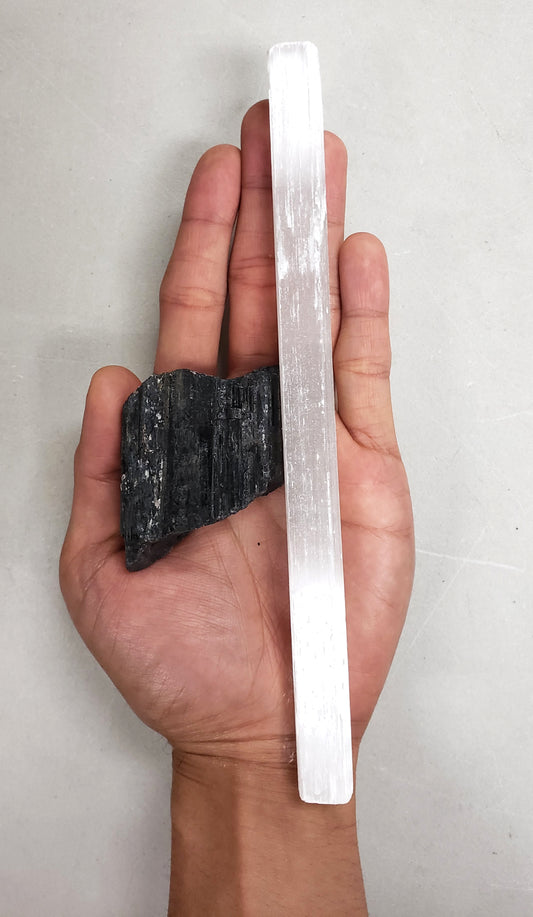 Tourmaline Chunk & Selenite Stick Bundle -Healing Crystals Set