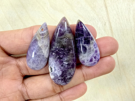 Amethyst Tear Drop Pendant 3 Pieces Polished Smooth with Hole for DIY Jewelry & Necklace
