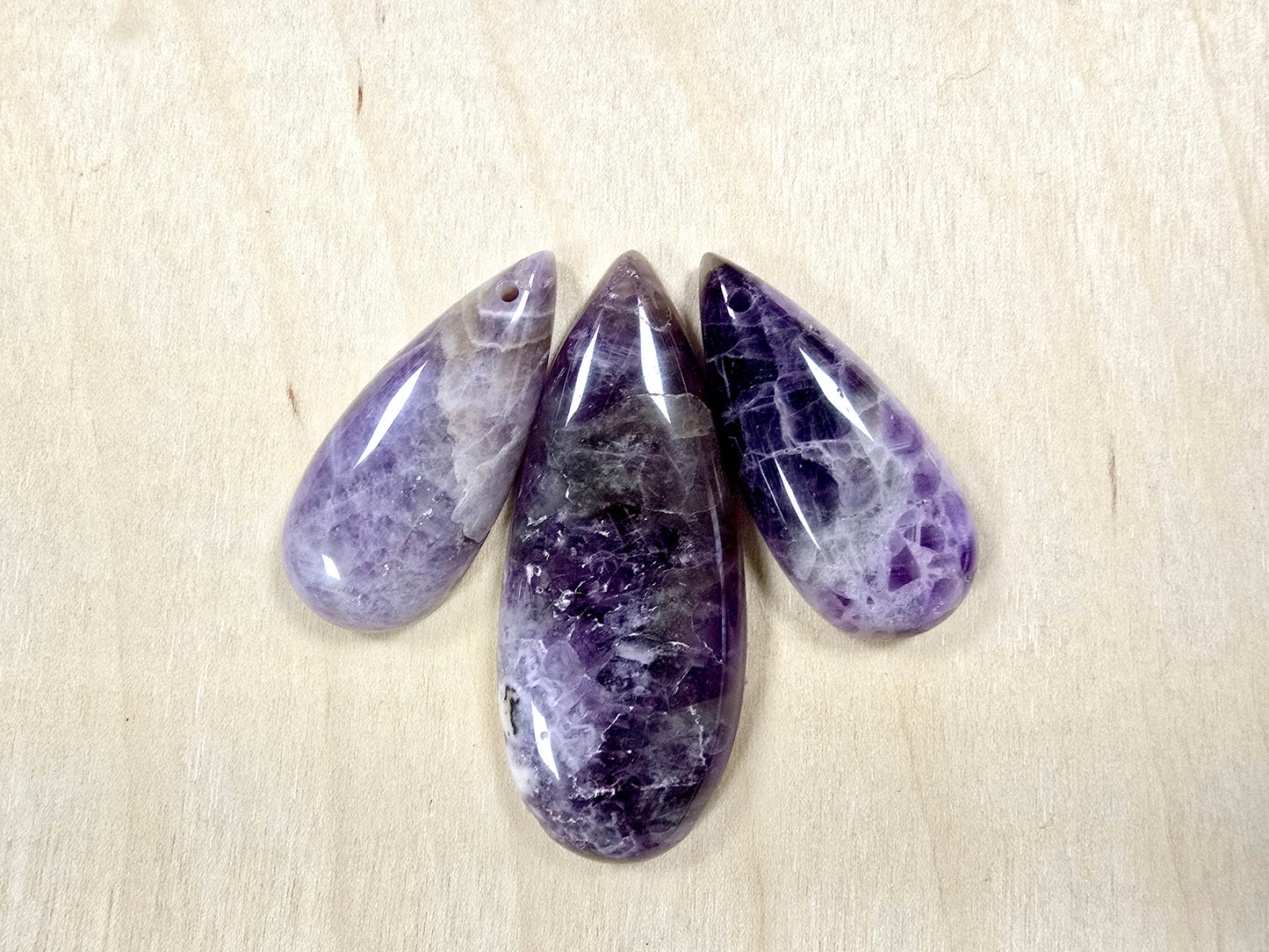 Amethyst Tear Drop Pendant 3 Pieces Polished Smooth with Hole for DIY Jewelry & Necklace
