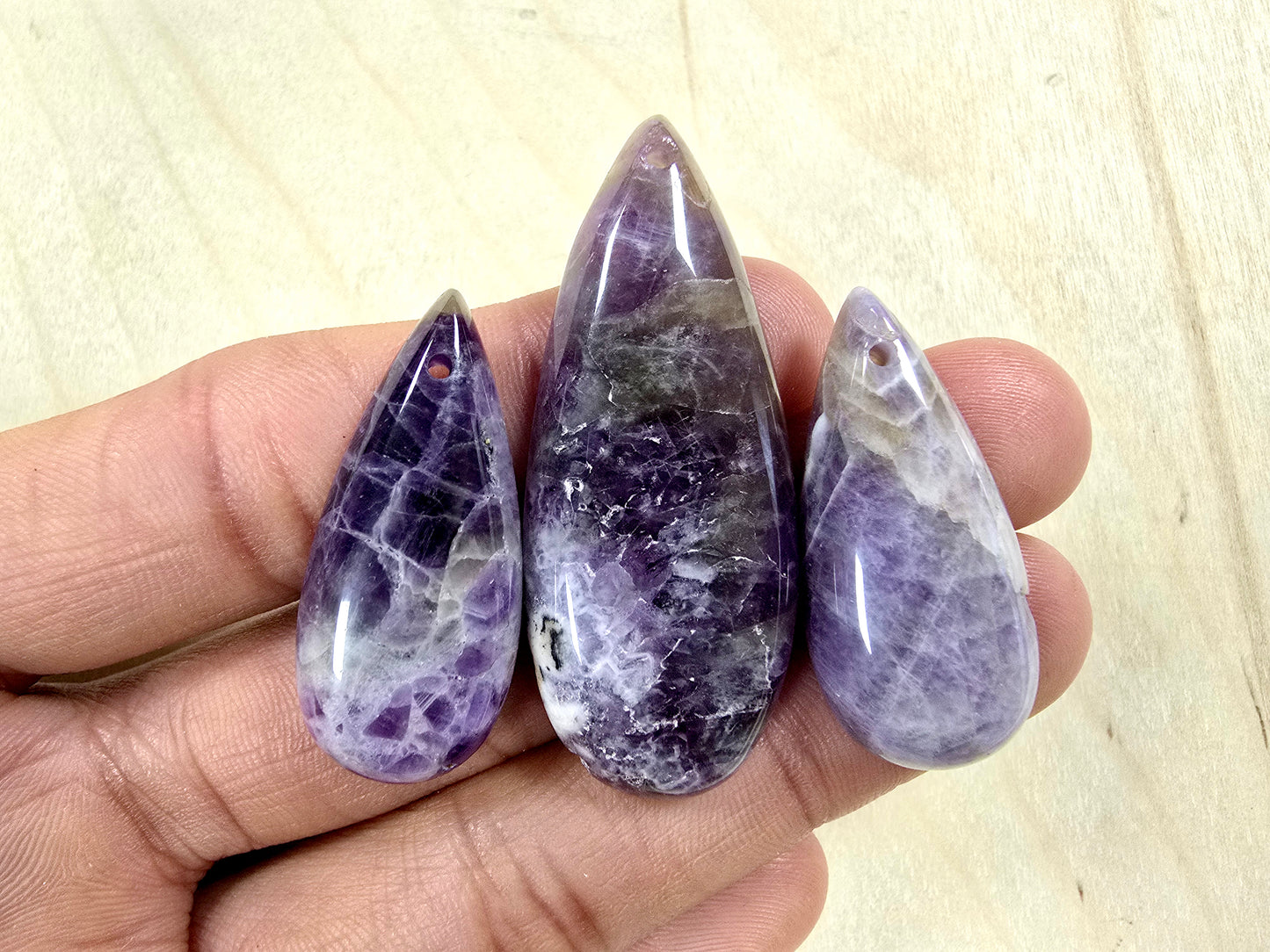 Amethyst Tear Drop Pendant 3 Pieces Polished Smooth with Hole for DIY Jewelry & Necklace