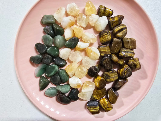 Crystals for Money Bowl Tumbled Set, Tiger Eye, Citrine, Green Aventurine