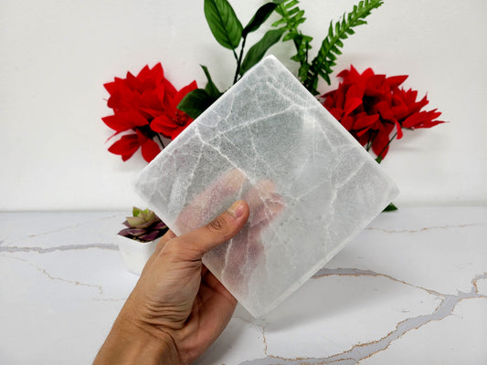Polished Selenite Crystal Charging Station 6 Inch Square Plate