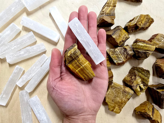 Raw Tigers Eye & Selenite Stick Crystal Pair