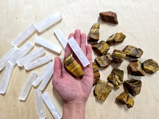 Raw Tigers Eye & Selenite Stick Crystal Pair