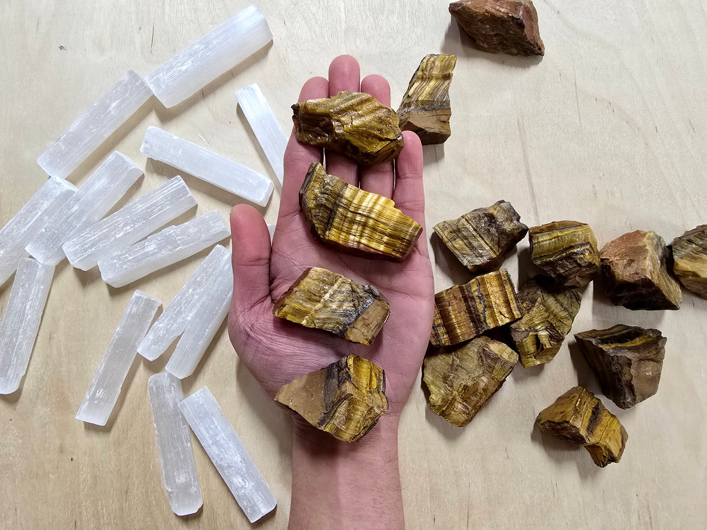 Raw Tigers Eye & Selenite Stick Crystal Pair