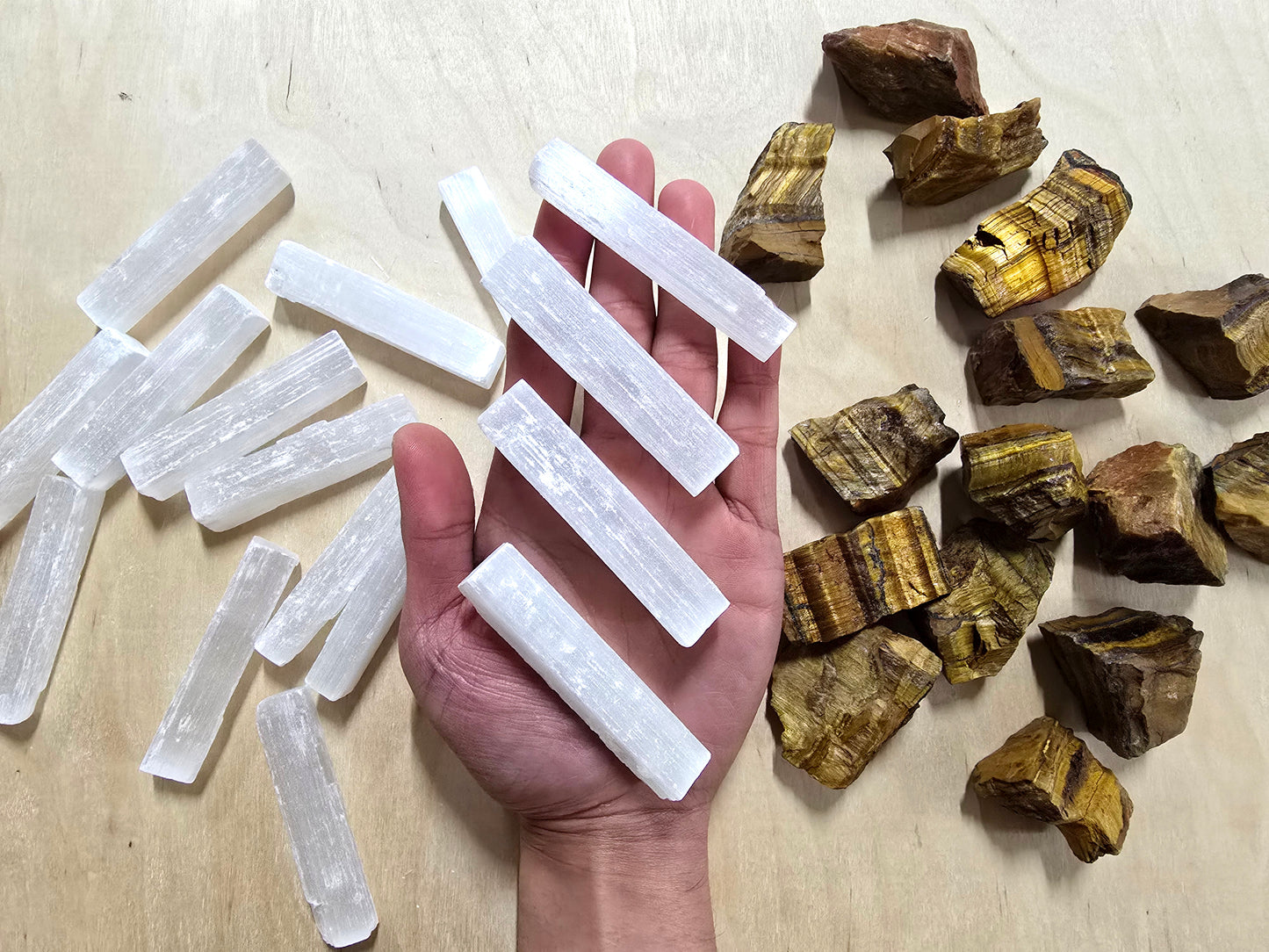 Raw Tigers Eye & Selenite Stick Crystal Pair