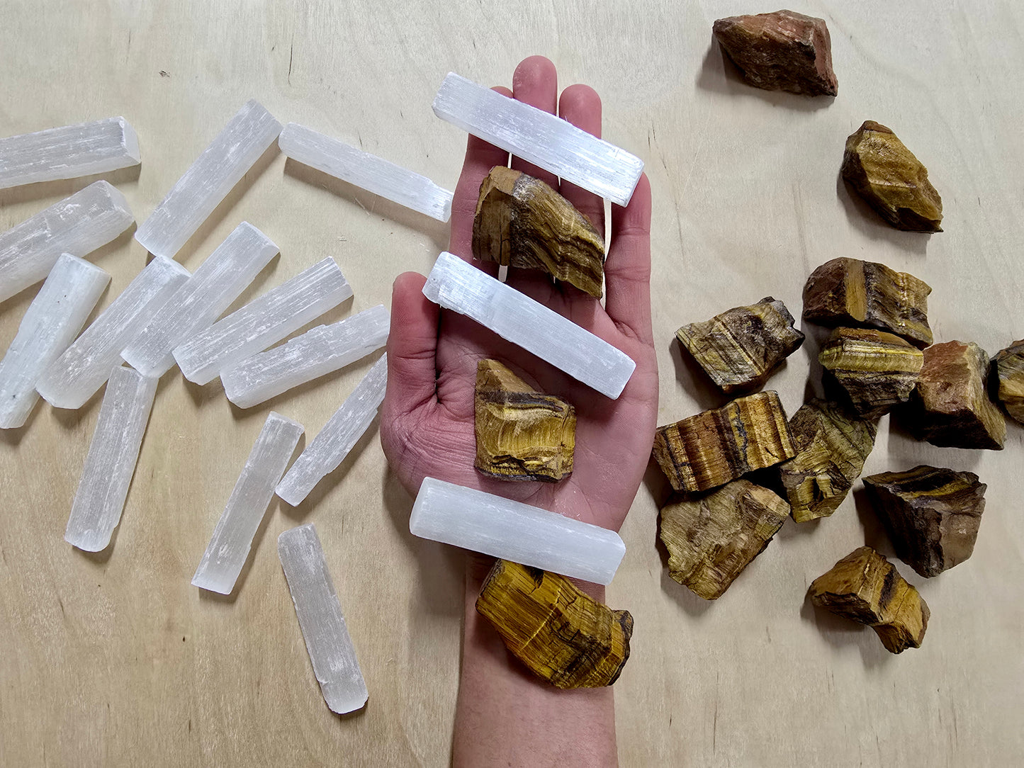 Raw Tigers Eye & Selenite Stick Crystal Pair