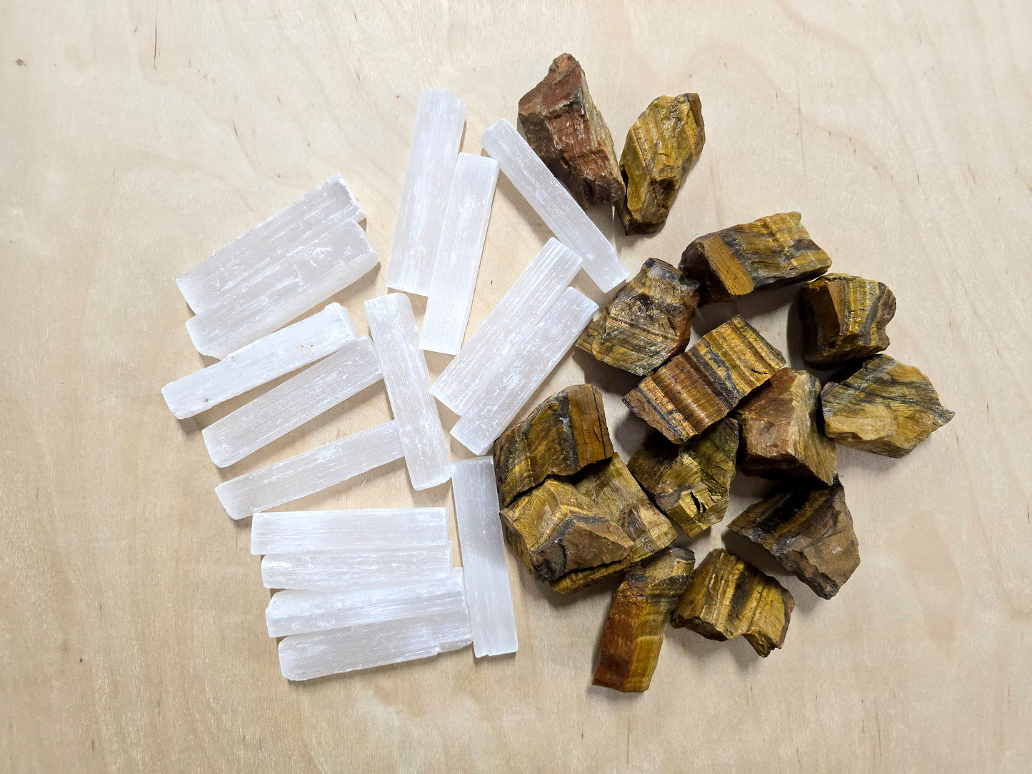 Raw Tigers Eye & Selenite Stick Crystal Pair