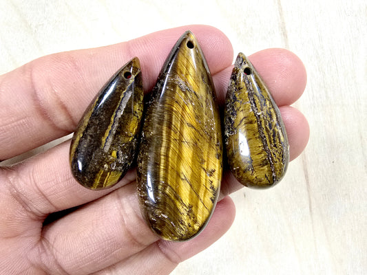 Tigers Eye Teardrop Pendant Set of 3 with Holes for DIY Necklace & Jewelry Making