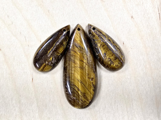 Tigers Eye Teardrop Pendant Set of 3 with Holes for DIY Necklace & Jewelry Making