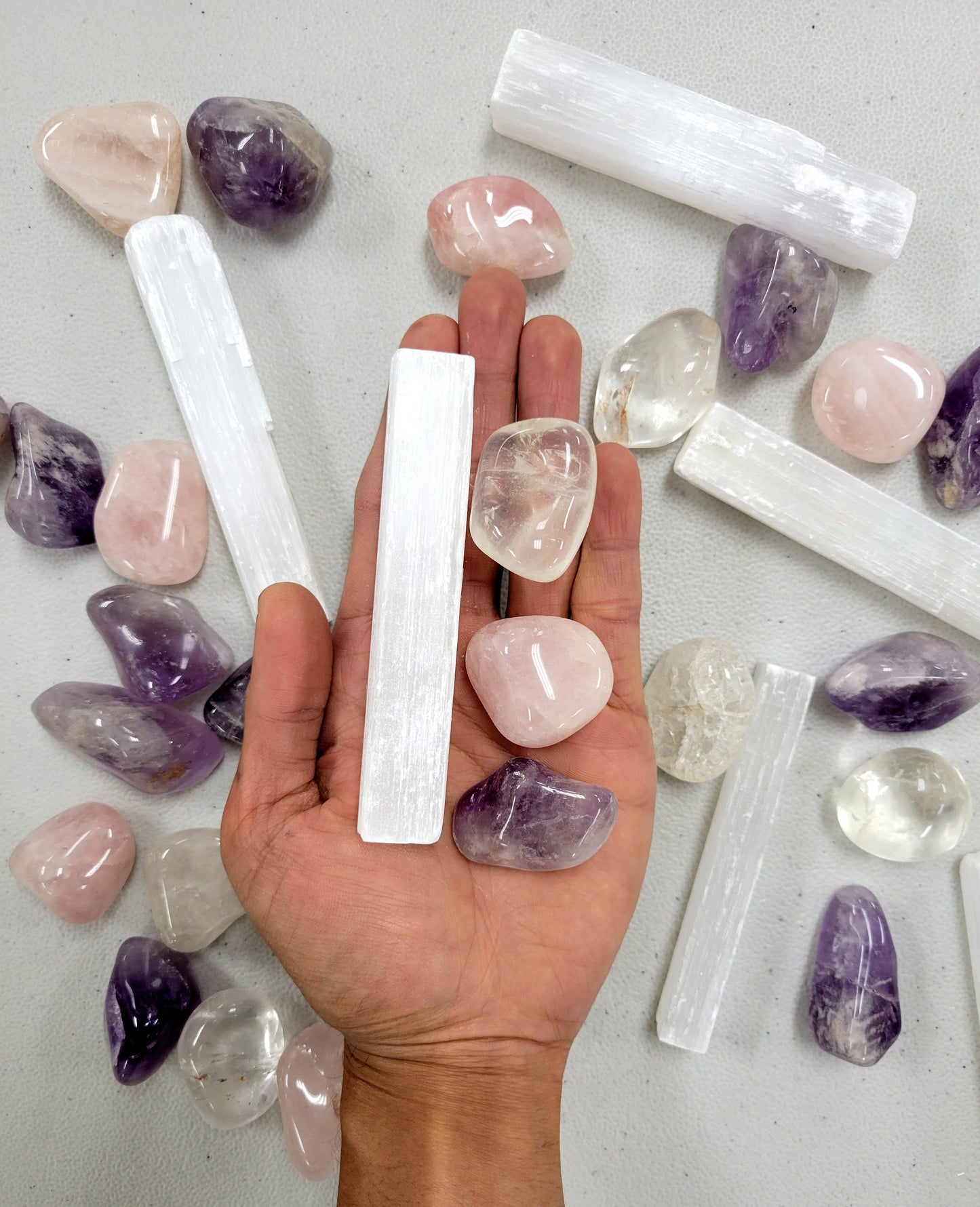 Mini Crystal Kit - Amethyst, Rose Quartz, Clear Quartz with Selenite Charger Stick