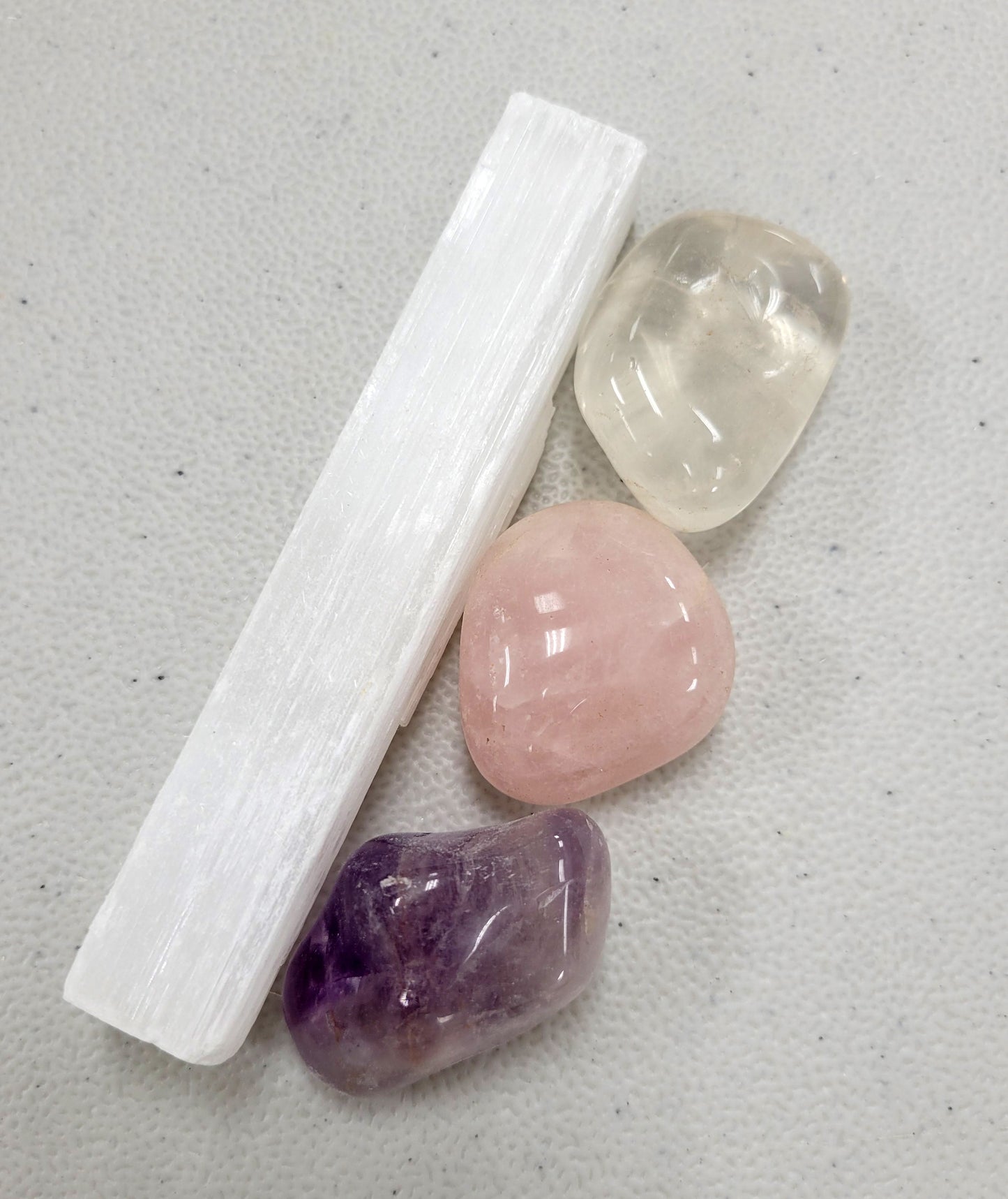 Mini Crystal Kit - Amethyst, Rose Quartz, Clear Quartz with Selenite Charger Stick