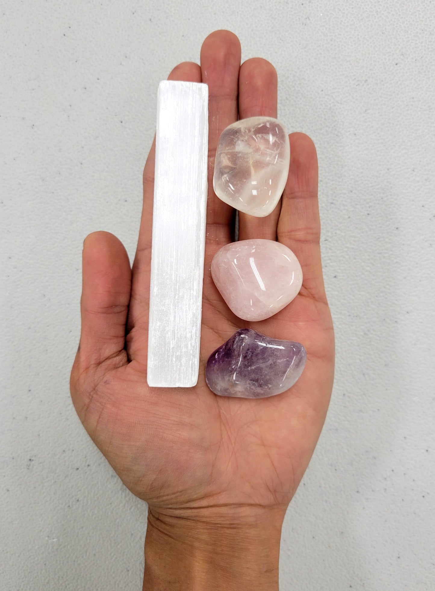 Mini Crystal Kit - Amethyst, Rose Quartz, Clear Quartz with Selenite Charger Stick