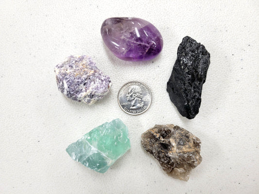 Crystals for Empath - Tourmaline, Amethyst, Lepidolite, Smoky Quartz, Fluorite