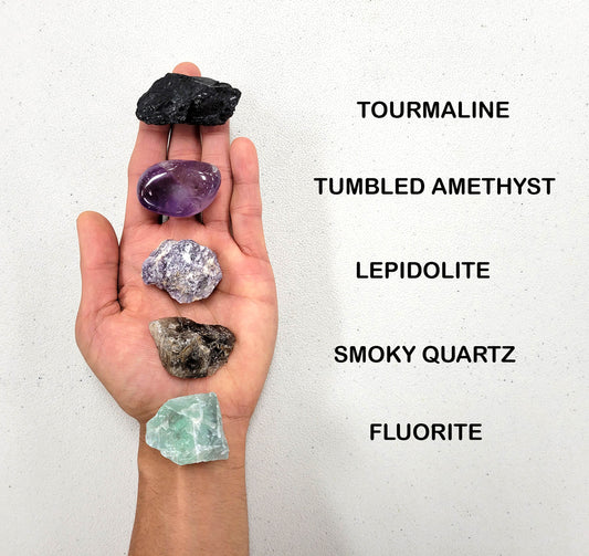Crystals for Empath - Tourmaline, Amethyst, Lepidolite, Smoky Quartz, Fluorite