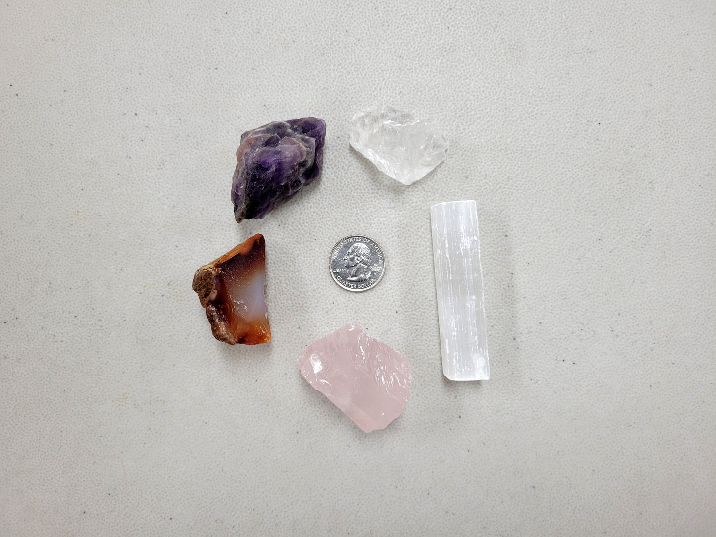 Meditation Crystal Set - Amethyst, Clear Quartz, Carnelian, Selenite, Rose Quartz