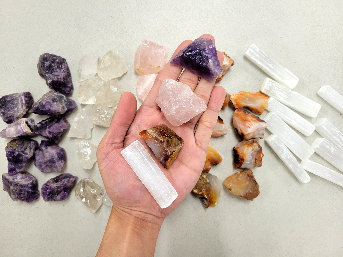 Meditation Crystal Set - Amethyst, Clear Quartz, Carnelian, Selenite, Rose Quartz