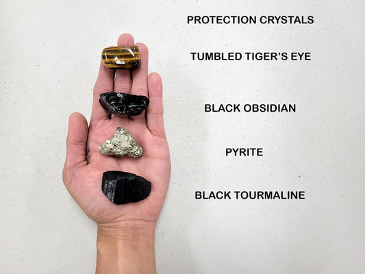 Crystals For Protection- Tourmaline, Black Obsidian, Pyrite, Tiger's Eye
