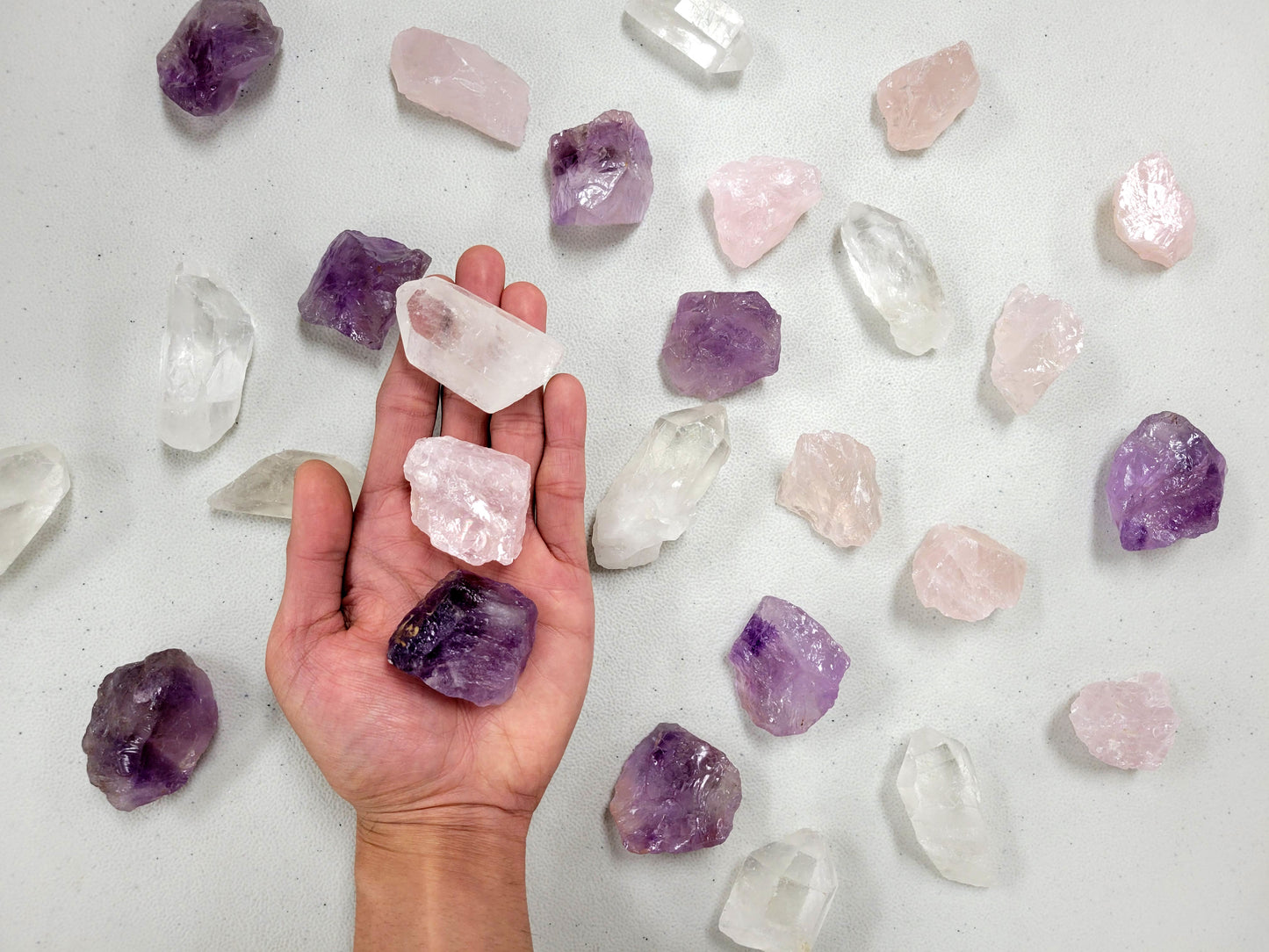 Rose Quartz, Amethyst, Quartz Crystal Point - Crystal Beginner Trio Set