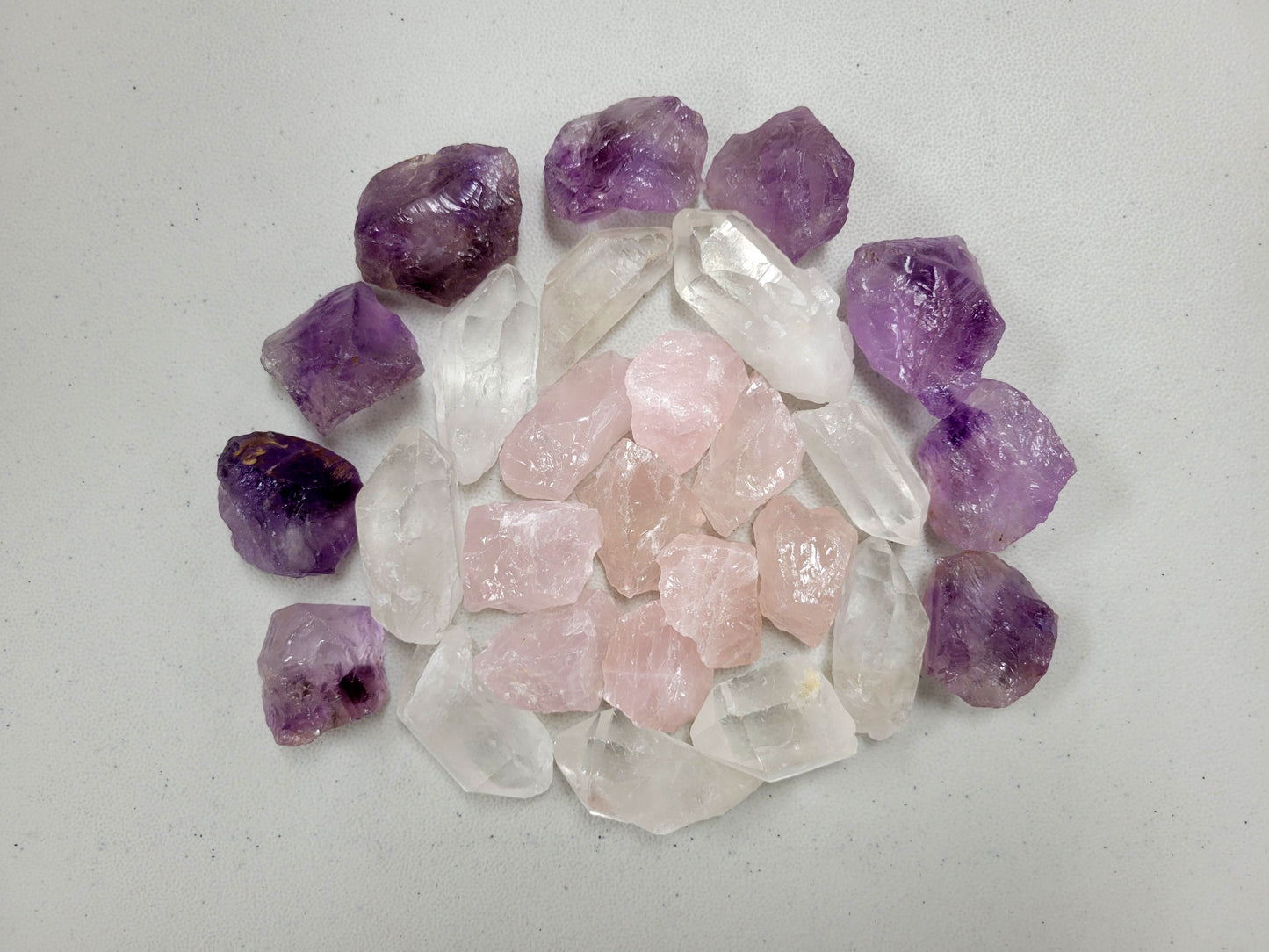 Rose Quartz, Amethyst, Quartz Crystal Point - Crystal Beginner Trio Set