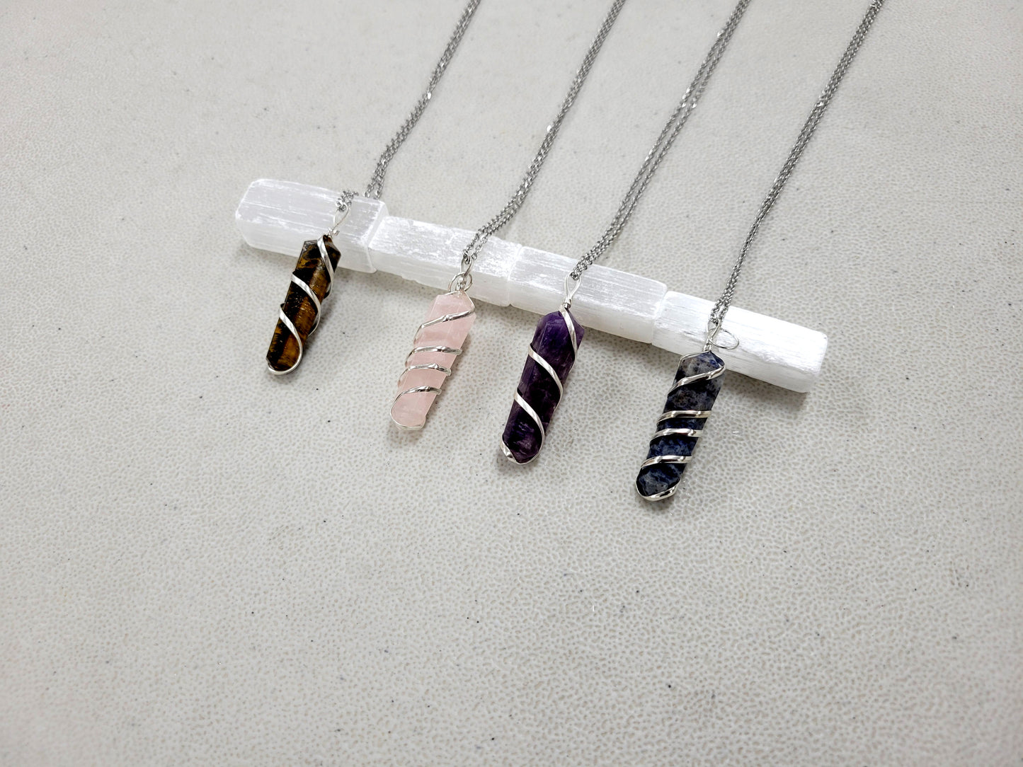 Spiral Wrapped Crystal Pendant Necklaces
