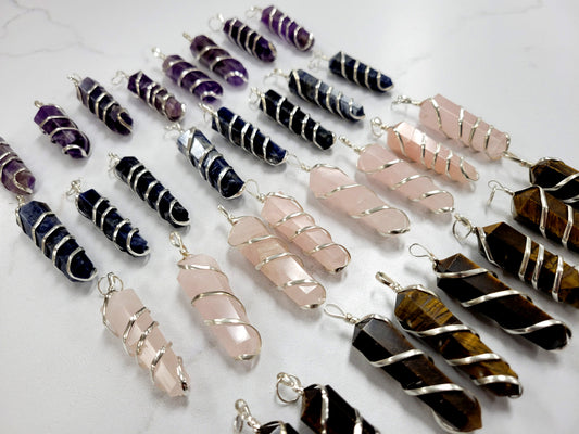 Spiral Wrapped Natural Crystal Pendants