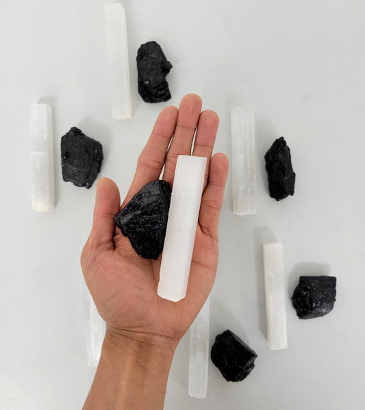 Tourmaline Chunk & Selenite Stick Bundle -Healing Crystals Set