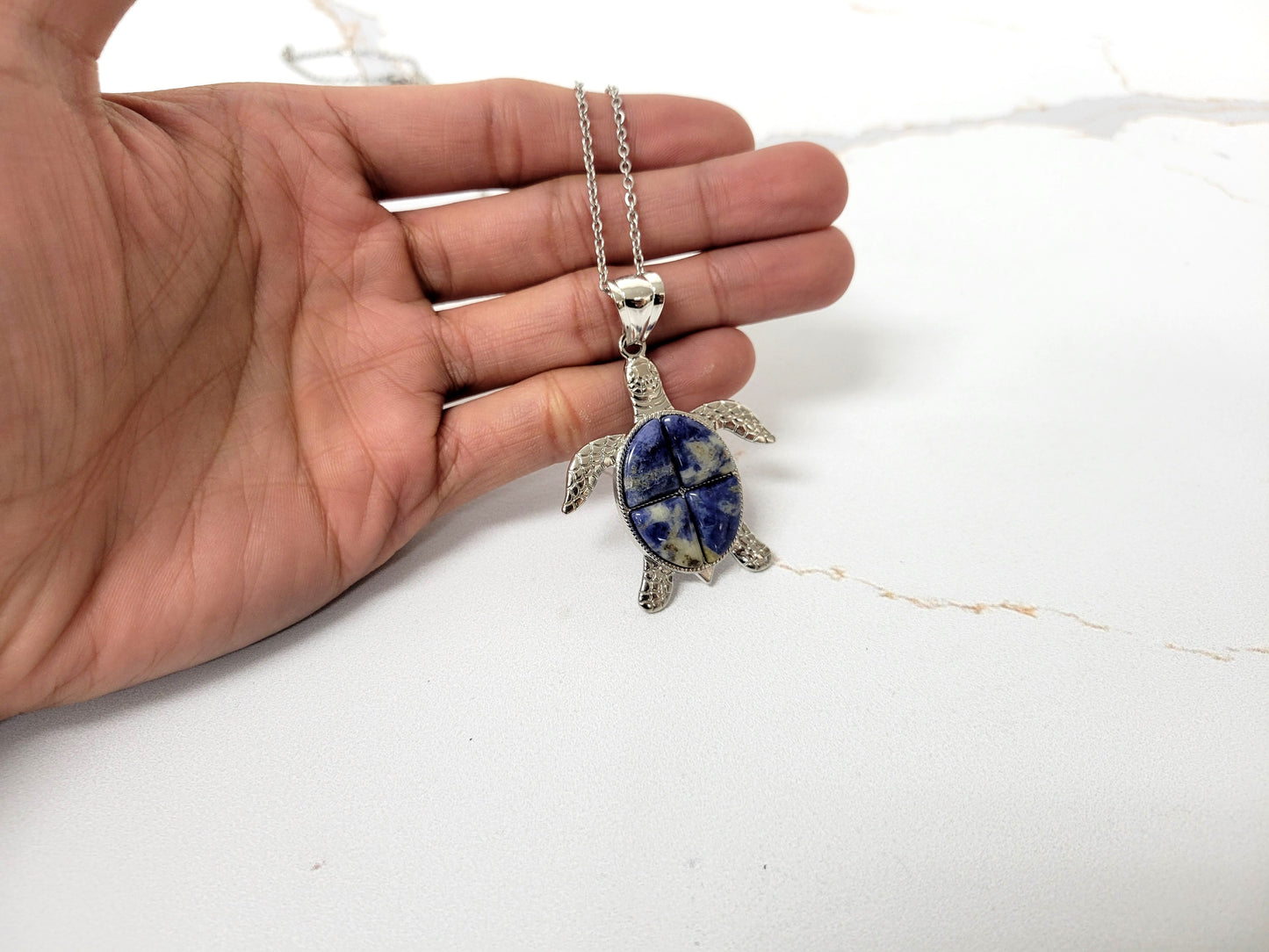 Sodalite Crystal Turtle Pendant Necklace