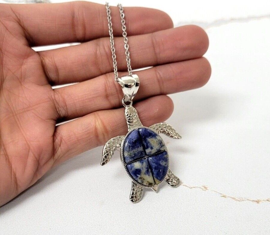 Sodalite Crystal Turtle Pendant Necklace